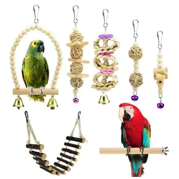 

7Pcs Bird Swing Toys Parrot Chewing Rattan Ball String Wooen Ladder Cage Decor 95AA