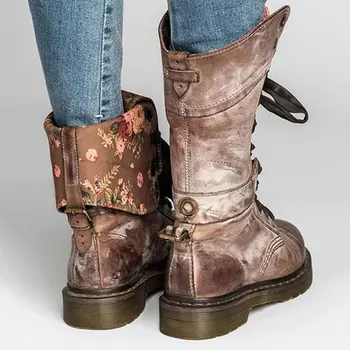 

Women Boots Vintage Retro Jason Martins Boots Lace Up Female Motorcycles Boots Lace Up Leather Mid-calf Boots Plus Size 35-53