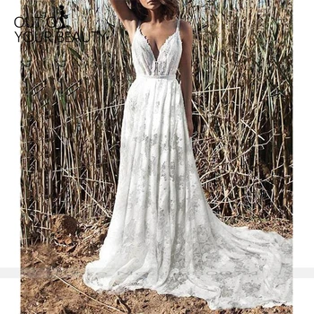 

2020 New Evening Dress White V-neck Spaghetti Straps Applique Embroidery Lace Sling Long Sexy Backless Mopping Dress