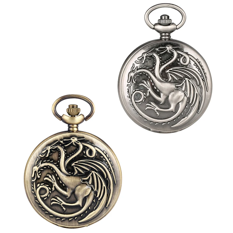 Delicate Three headed Dragon Pattern Quartz Pocket Watch Male Clock Practical Slim Chain Necklace Women Accessory 2