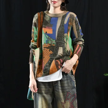 

Sweaters Women Spring Autumn Fashion Brand Korea Style Vintage Print O-neck Long Sleeve Female Knitted Pullover Sweaters Cloth