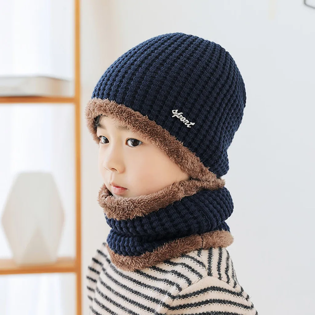 Модная зимняя шапка из флиса контрастных цветов, вязаные теплые зимние шапки для детей, шапка+ шарф, комплект из двух предметов