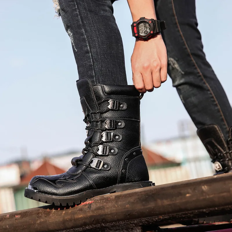 Mens Leather Boots Motorcycle Leather Boots PU Leather Breathable Punk Warm Steel Toe