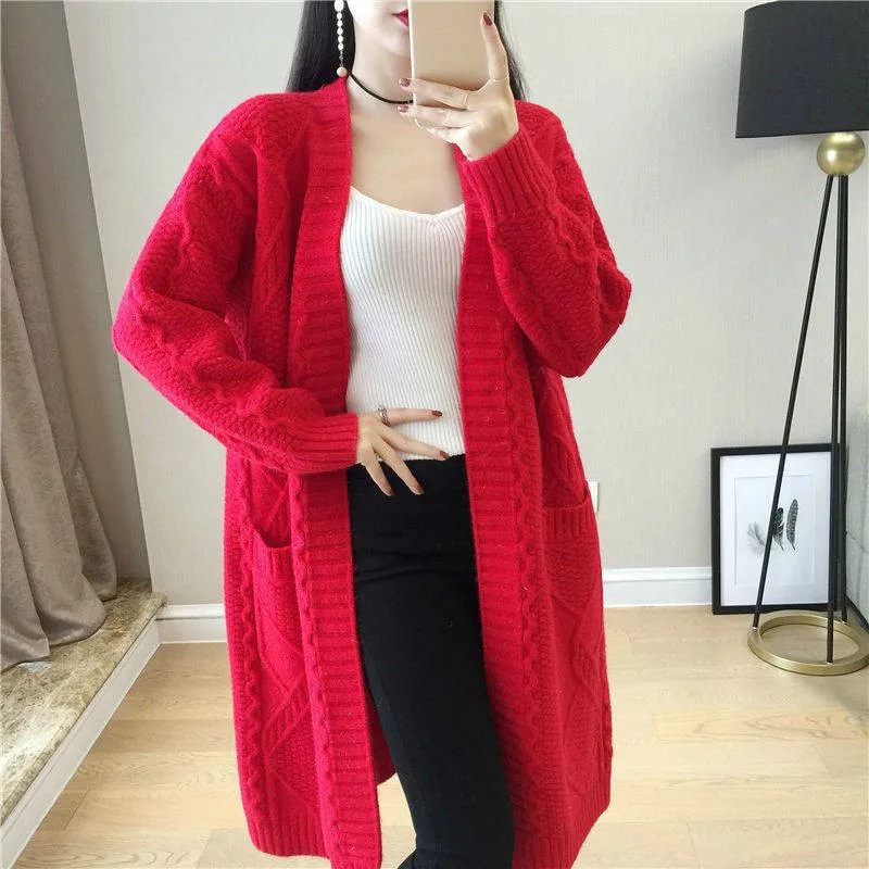 red Neploe Twist Medium-long Sweater Cardigan Long Sleeve V-neck Pull Jumpers Autumn Winter Warm Knit Open Stitch Jacket 54652 - Цвет: red