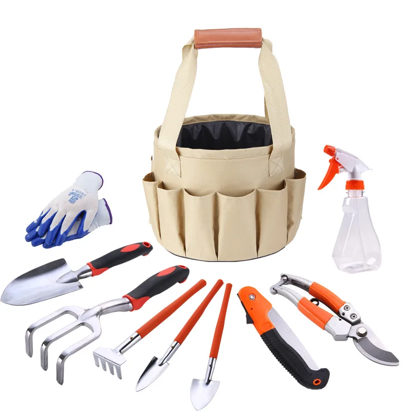 

10PCS/Set Garden Kit Gloves Pruner Rake Fork Spade Shovel trowel Knife Water Spray Bottle Garden Bonsai Tool Set with Bucket Bag