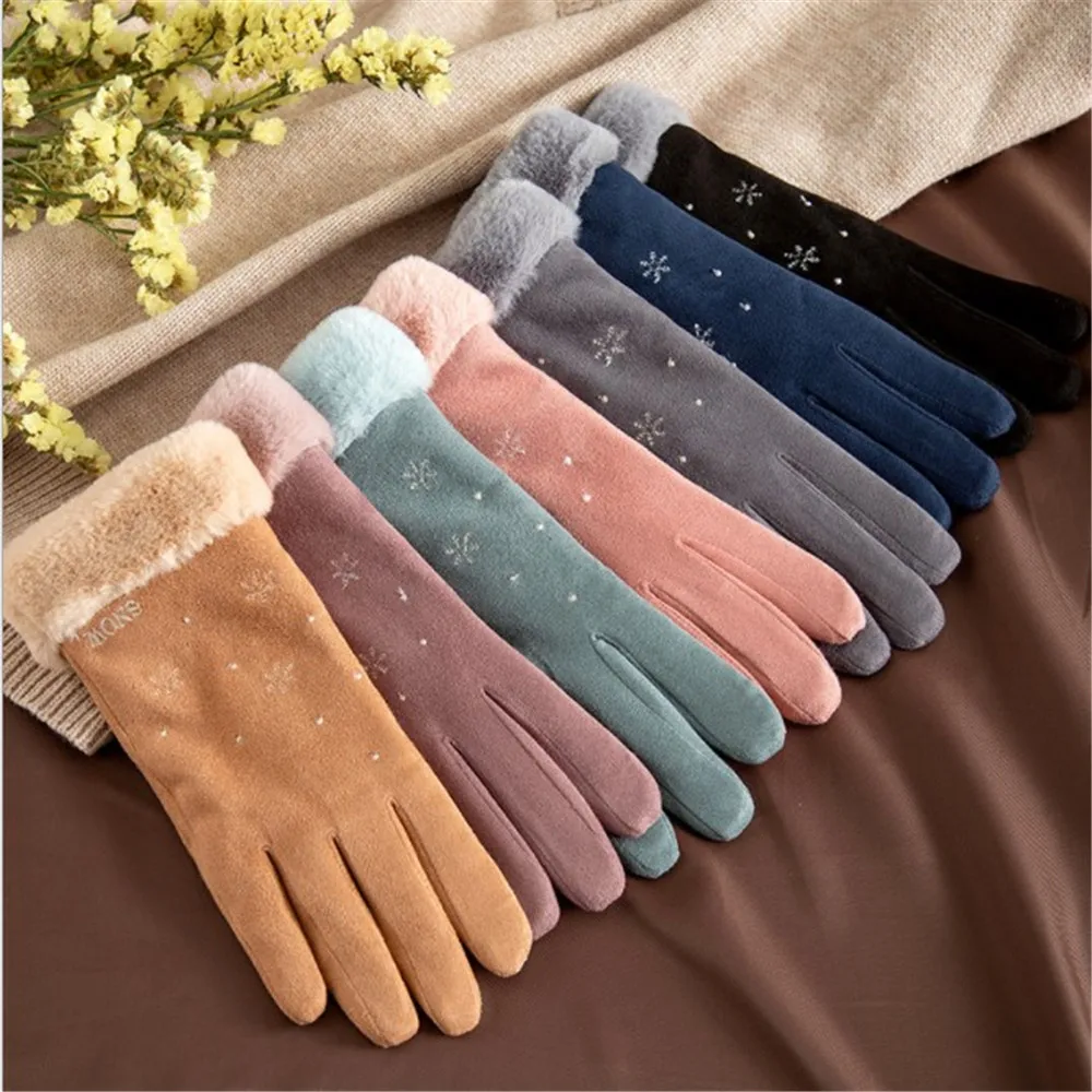Женские зимние перчатки высокого качества, корейские зимние женские замшевые теплые одноцветные перчатки, женские бархатные уличные модные перчатки