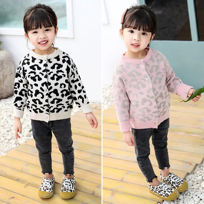 

2019 Korean-style Childrenswear Autumn New Style Girls Leopord Pattern Sweater Children Western Style Knitted Cardigan