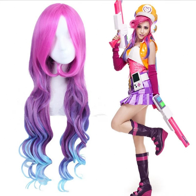 

LOL Miss Fortune for Women Long Curly Wavy Cosplay Wigs 80cm Synthetic Hair Wig Red Purple Blue Gradient Multicolor Game