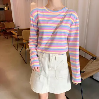 

Harajuku Rainbow Striped t shit Tops Women 2020 Long Sleeve Rainbow Striped t-shirt Woman Loose Style Clothes