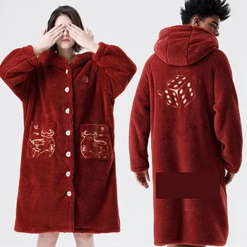 

New couple pajamas winter coral fleece robe Jiaonei wind ox year natal year red flannel pajamas female winter