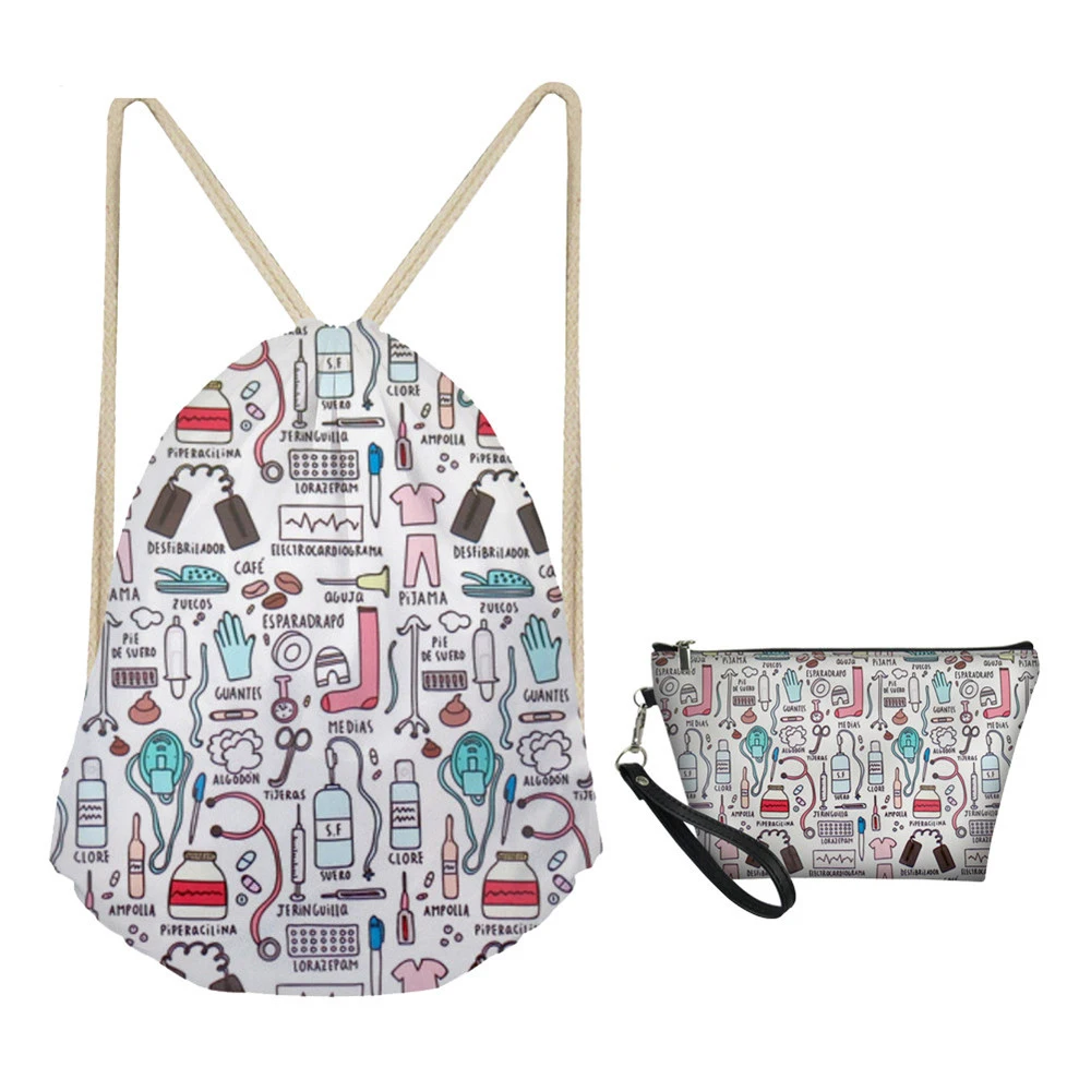MOZOEYU Women Drawstring Bag Sets Fashion Nurse Design Girls Woman Foldable School Girls Cloth Backpack Small Shoes Pack