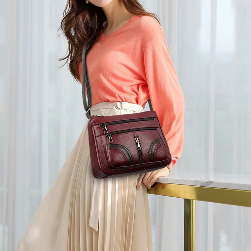 Women Simple PU Leather Single Crossbody Bags Large Capacity Tote Bags Female Multi Pocket Shoulder Handbag Travel bolso mujer