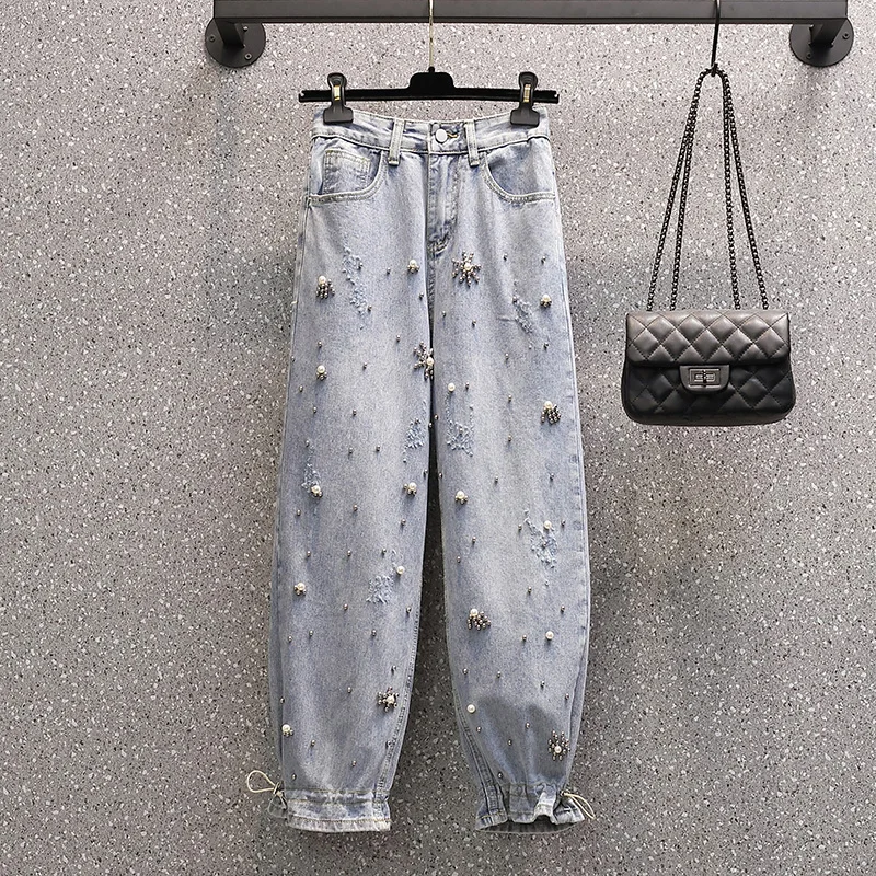 women's fashion Spring Autumn New Jeans Women's Cotton High-waist Denim Pants Girl Fashion Personality Beaded Jeans Large Size 4XL vuori joggers