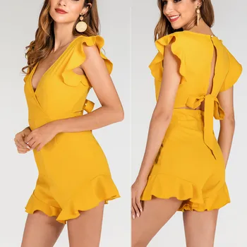 

New Yellow Playsuit Fashion Overalls For Women Solid V-Neck Sleeveless Ruffles Clothes Elegant Casual Slim Jumpsuits Rompers #25