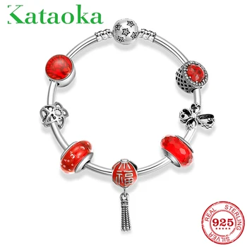 

Hot 925 Sterling Silver Festive red luck Red Lantern Glass Bracelets Bead Bracelets diy for fashion jewelry womens Gift