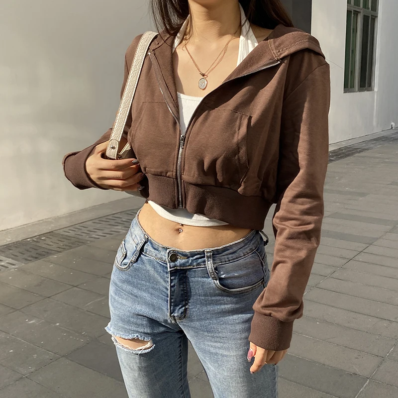 2021 Casual Zip Up Cropped Brown Hoodies Women Harajuku Pockets Basic  Autumn Jacket Solid Short Hooded Sweatshirts Coat - Hoodies u0026 Sweatshirts -  AliExpress