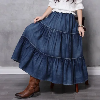 

100% Cotton Women Skirt 2020 Summer Folds Cake Denim Skirt Vintage Splice High Waist Mid-calf Length Casual Jean Skirts