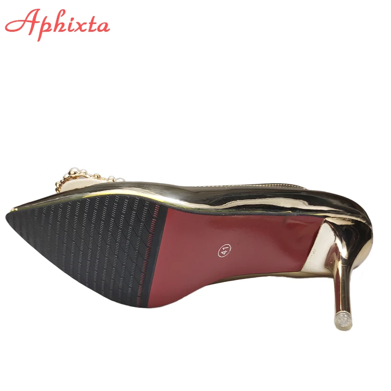Aphixta Luxury Pearl Buckle Pumps Women 10cm Thin Heels Crystals Bling Patent Leather Office Casual Shoes Big Size 50