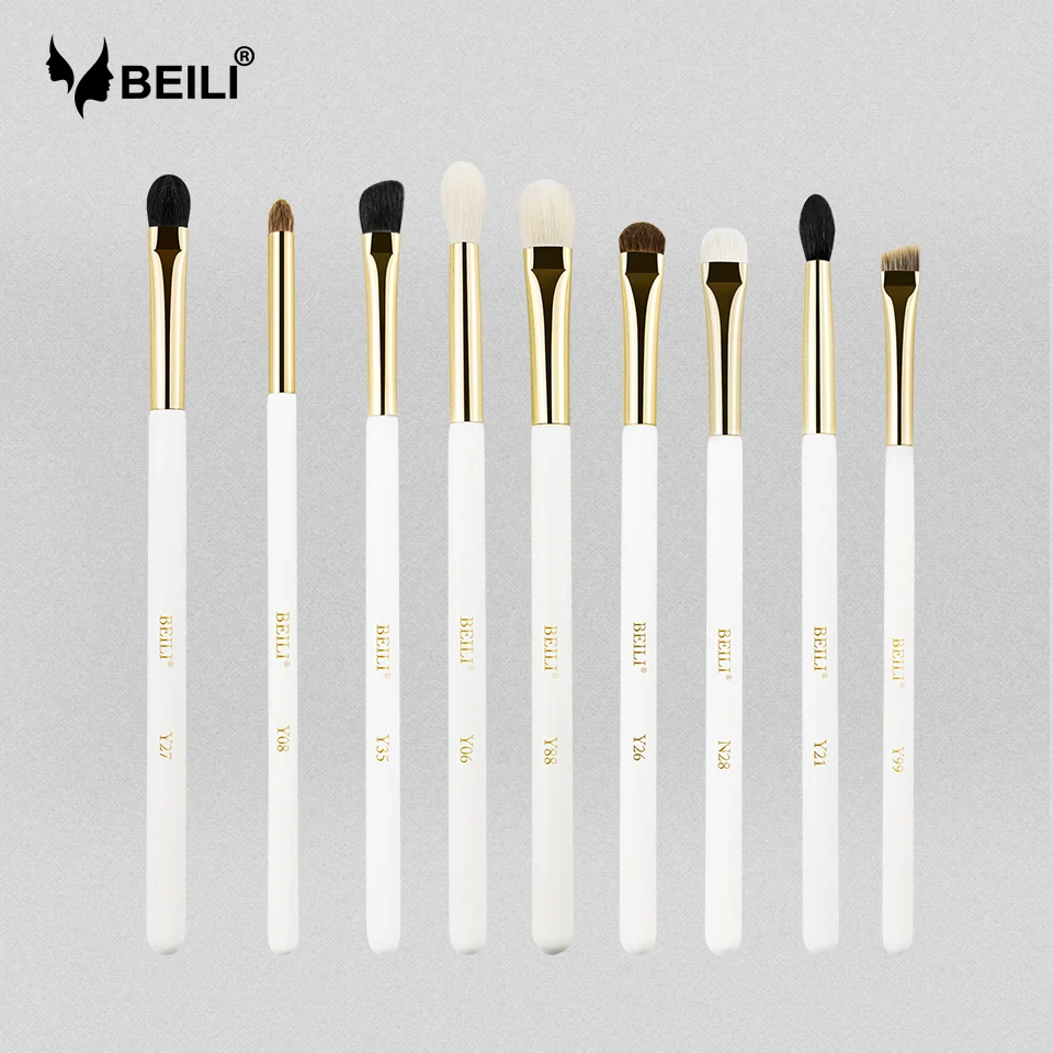 

BEILI Luxury 9 pieces Natural goat hair Pony badger white Professional Makeup brush set Eye define Smoky shade gold eye brush
