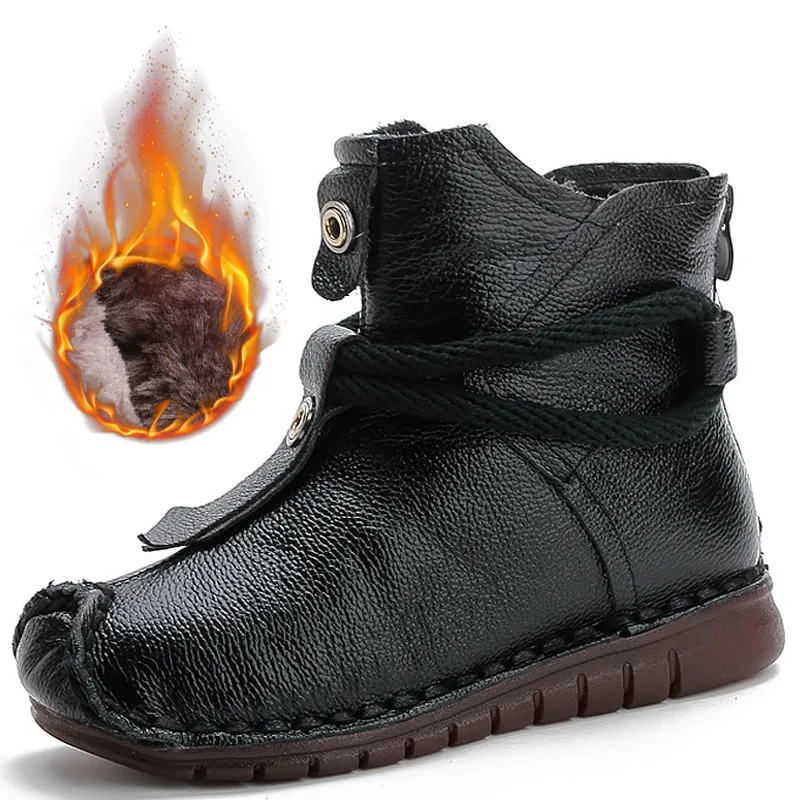 Женские ботинки; зимняя теплая обувь из натуральной кожи на молнии; женские плюшевые Нескользящие резиновые ботильоны; модная женская обувь; горячая распродажа - Цвет: Black plush