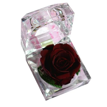 

Handmade Preserved Rose With Acrylic Crystal Ring Box For Proposal Engagement (Wine RED)