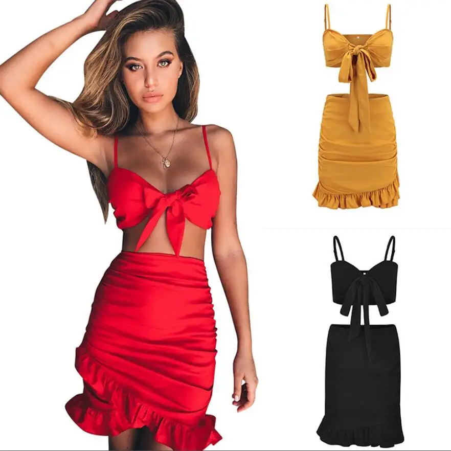 Beach Robe Cover Up YX-8049 Sexy Two Piece Set Halter Bralette Crop Top and Mini Skirt Outfits Club Dress Suit Off Shoulder Sleeveless Backless bathing suit dress cover ups Cover-Ups