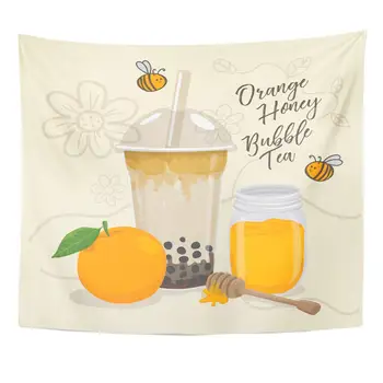 

Milkshake Milk Orange Honey Bubble Tea Cup Bees Boba Cocktail Cold Tapestry Home Decor Wall Hanging for Living Room Bedroom Dorm