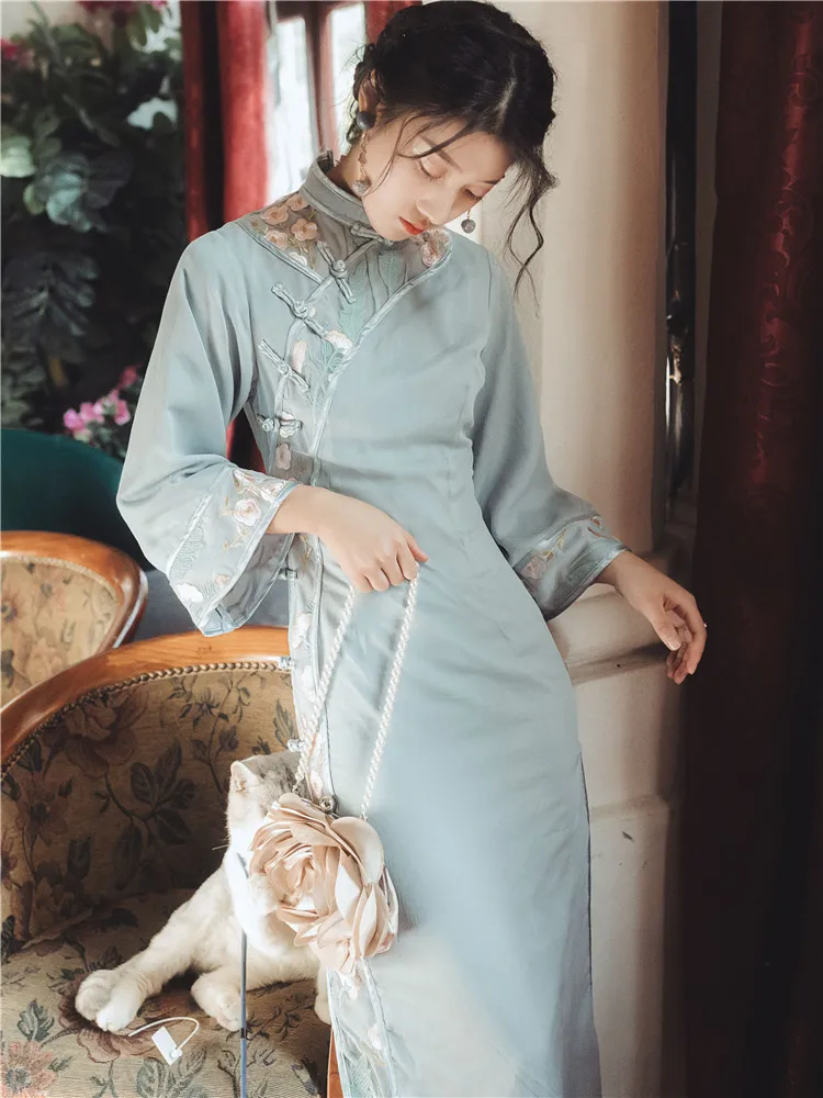 

Spring And Autumn Retro Chinese-style Modified Version of Osteoclasts Cheongsam nian qing kuan GIRL'S Slim Fit Long Platycodon G