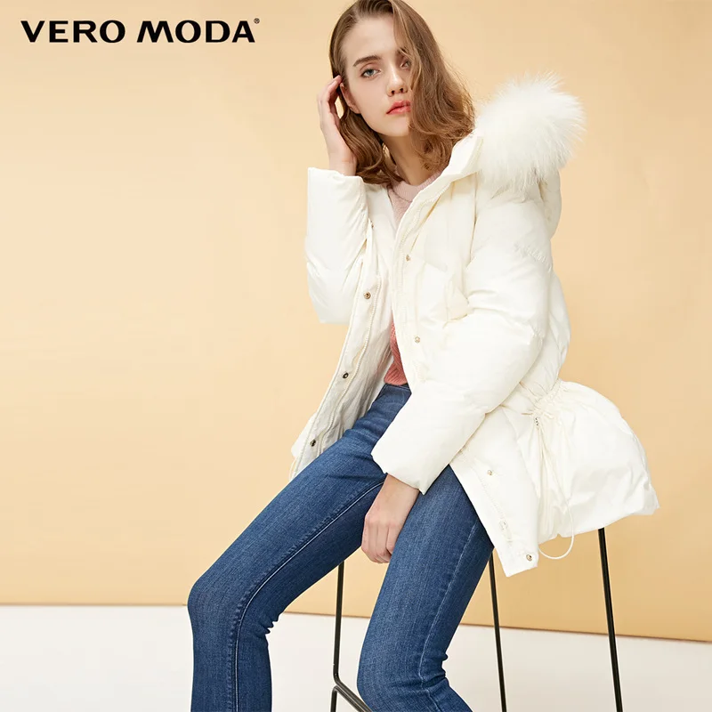 Vero Moda Женская куртка-пуховик с капюшоном из меха енота на шнурке | 318423539 - Цвет: Eggnog