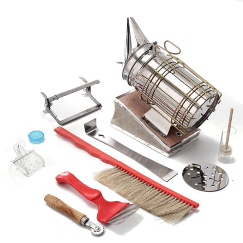 8-in-1 Kit Bee Smoker Beekeeping Equipment Bee Brush Catcher Scraper Fork Cage Queen Hive Uncapping Fork Tools Set
