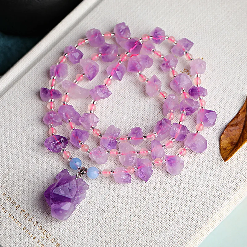 Dropshipping Lavender Purple Natural Crystal Necklace Original Stone Purple Pendant Necklace Women Wisdom Stone Necklace Jewelry