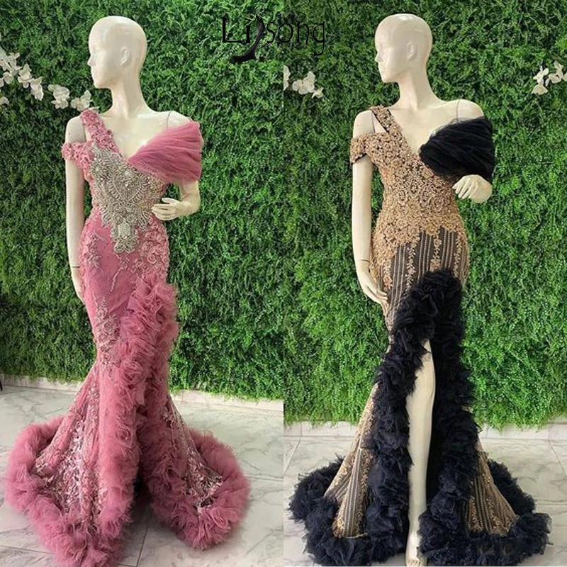 Aso Ebi Русалка вечернее платье размера плюс розовый черный v-образный вырез с открытыми плечами Выпускные платья Сплит африканские вечерние платья