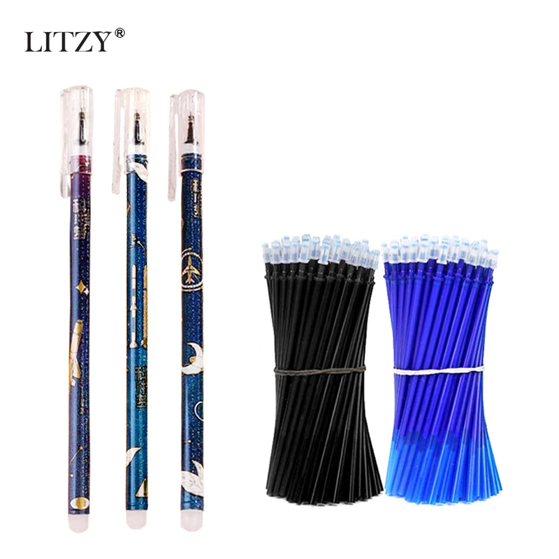 

LITZY 34pc/lot Erasable Pen Set 0.5mm Black Blue Ink Erasable Refill Rod Gel Pens School Office Cute Writing Stationery Supplies