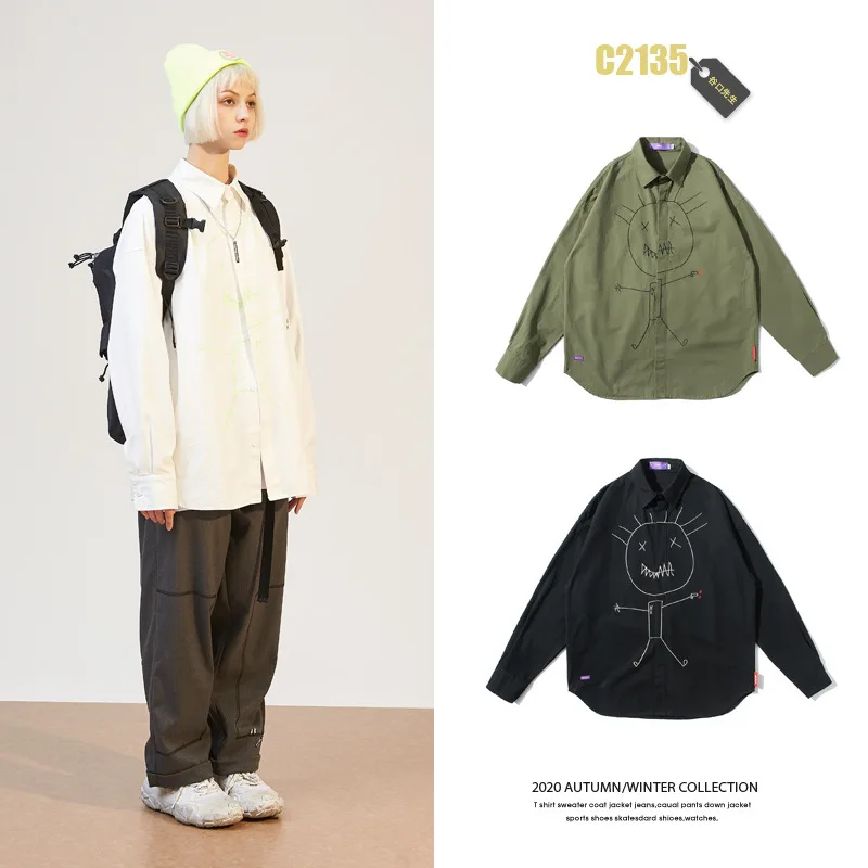 

City Where the Product 2020 Spring New Style BOY'S Casual Embroidery Shirt Long-sleeved Shirt Men's Literature And Art Men'S Wea