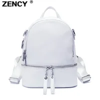 ZENCY Silver Meatal Hardware 100% Genuine Cow Leather Women Backpack Lady Girl First Layer Cowhide Book Bag Style Knapsack Purse 1