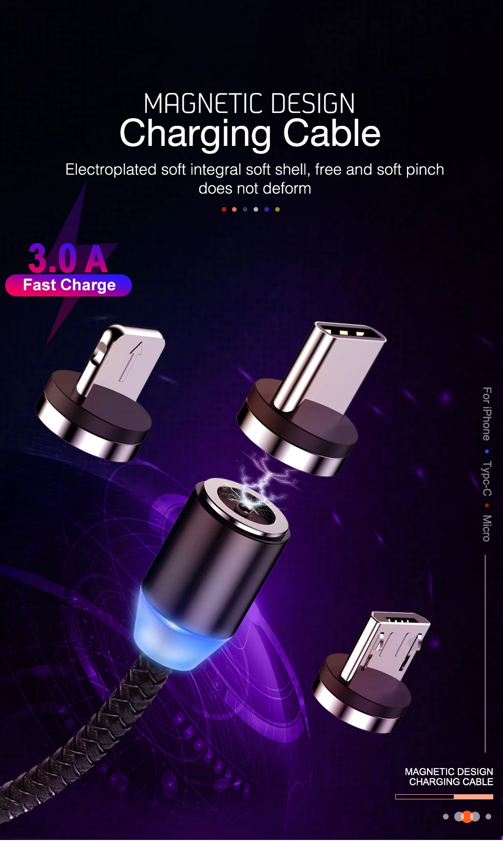 Магнитный Micro usb type C кабель для зарядки данных для iPhone 11 Pro XS Max 7 8 samsung Android 3A провод для быстрой зарядки 1 м 2 м USBC type C