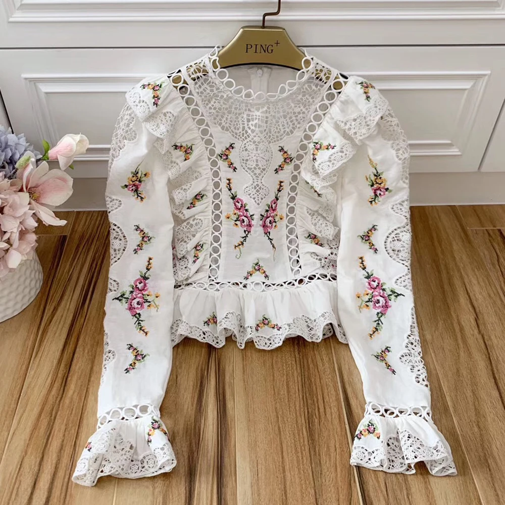 

Red RoosaRosee Designer New High-end Women Fashion Flower Embroidery Long Flare Sleeve White Blouse Autumn Female Shirt Top Lady