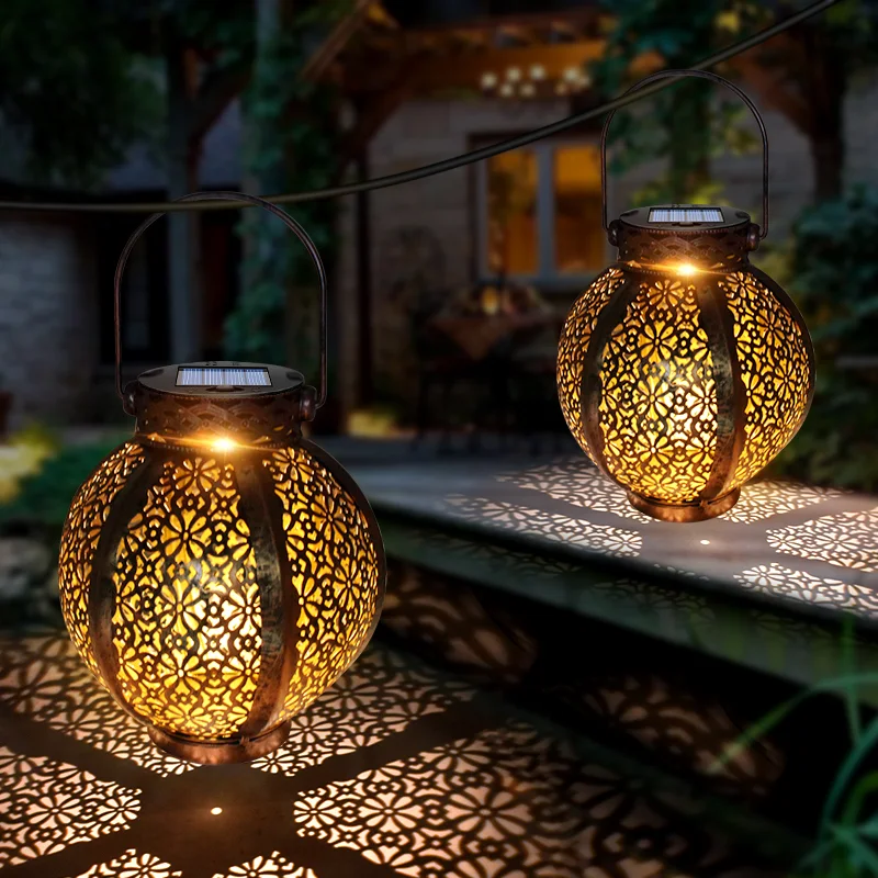 Hanging Solar Lanterns Retro Hollow Solar Lights with Handle Outdoor Solar Garden Lights Decor for Yard Tree Fence Patio Bronze