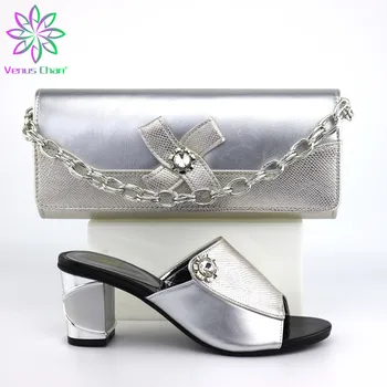 

High Quality Silver Color African Designer Shoes and Bag Set To Match Designer Luxury Shoes Women 2020 Nigerian Party Pumps