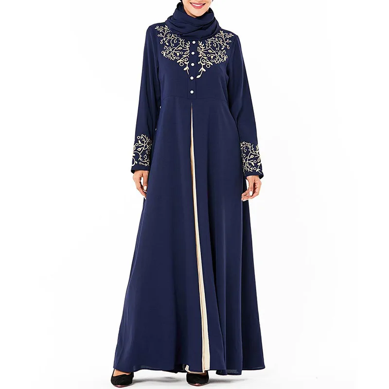 Middle East long-sleeved fake two-piece robes Dubai Arabian large size women's dress embroidered zipper stitching Muslim dress