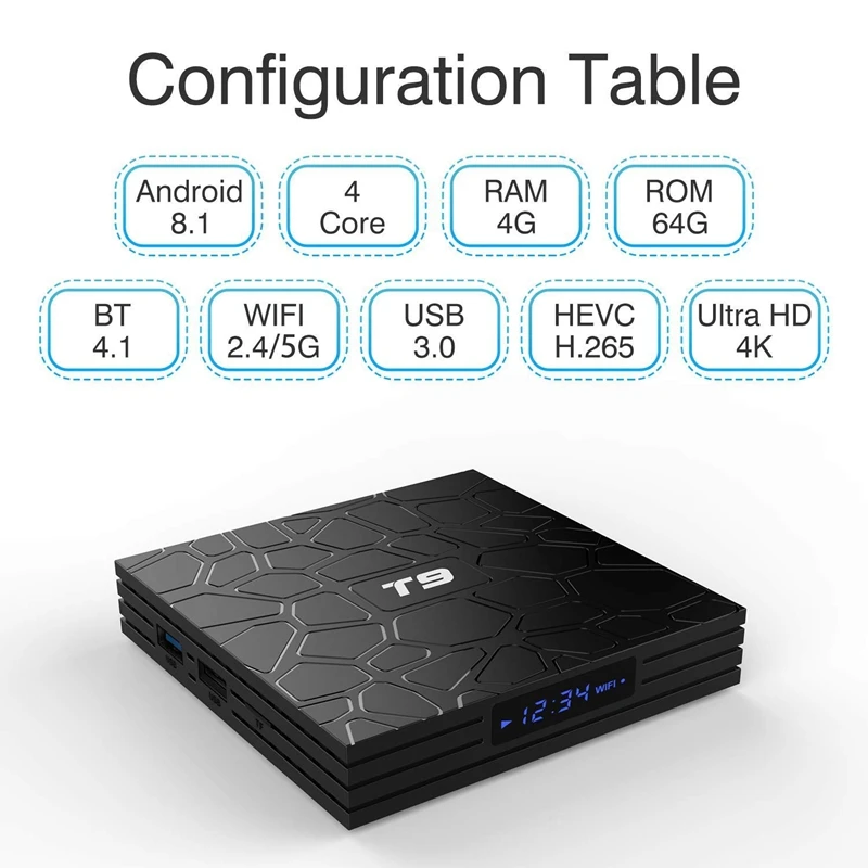 T9 Android 8.1 TV Box 4GB DDR3 RAM 64GB ROM RK3328 Bluetooth 4.1 Quad-Core Cortex-A53 64 Bits Support 2.4/5.0GHz WiFi 4K 3D Ultr
