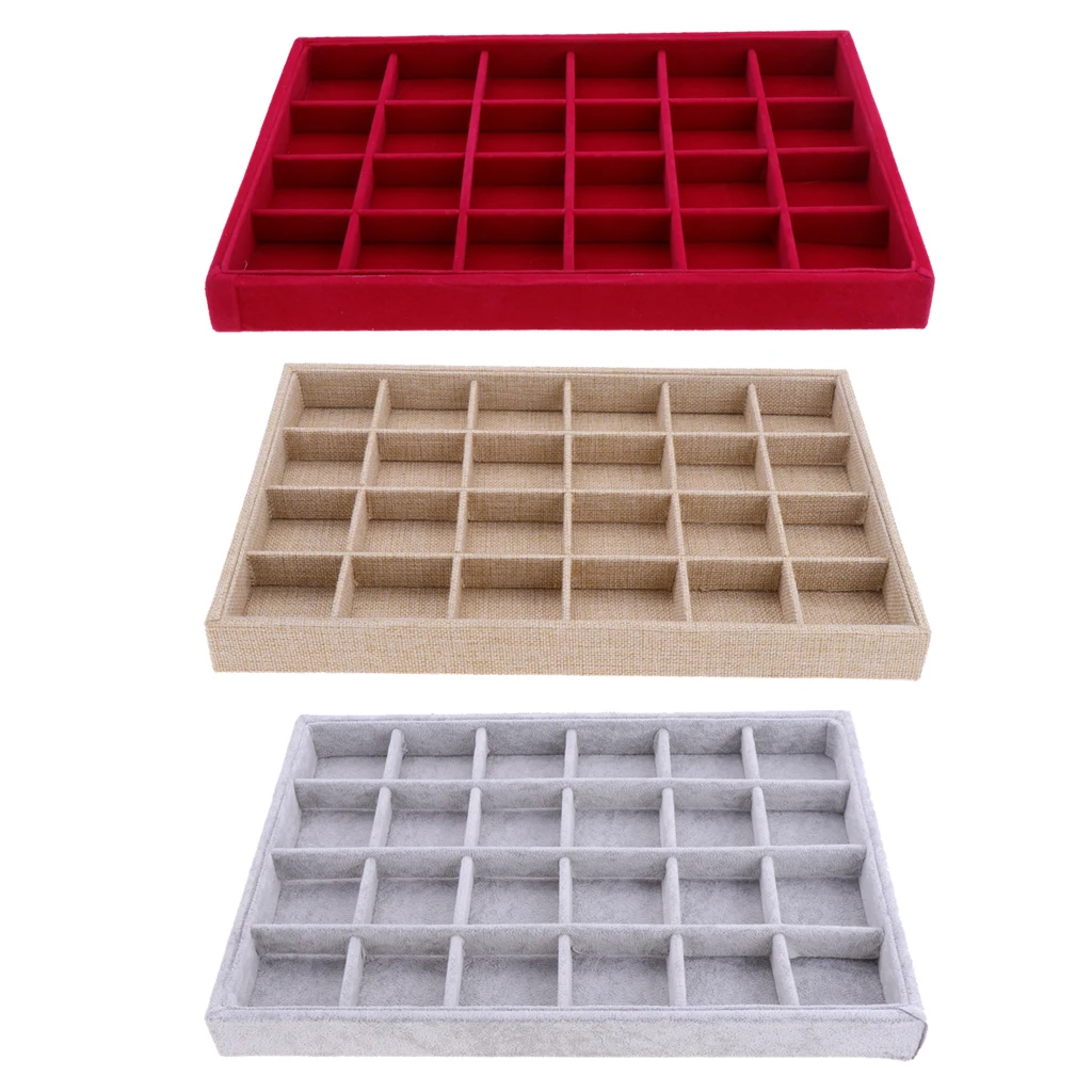 STYLIFING Jewelry Tray Showcase Display Organizer Holder Storage Stackable Grey Velvet 24 Grid Rings Earrings Necklaces Box Gifts for Girls Women