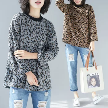 

BIG SIZE Spring Autumn Women Fashion Elegant Leopard Tops Ladies Female Plus Large Long Sleeve Casual Cotton Split T shirt