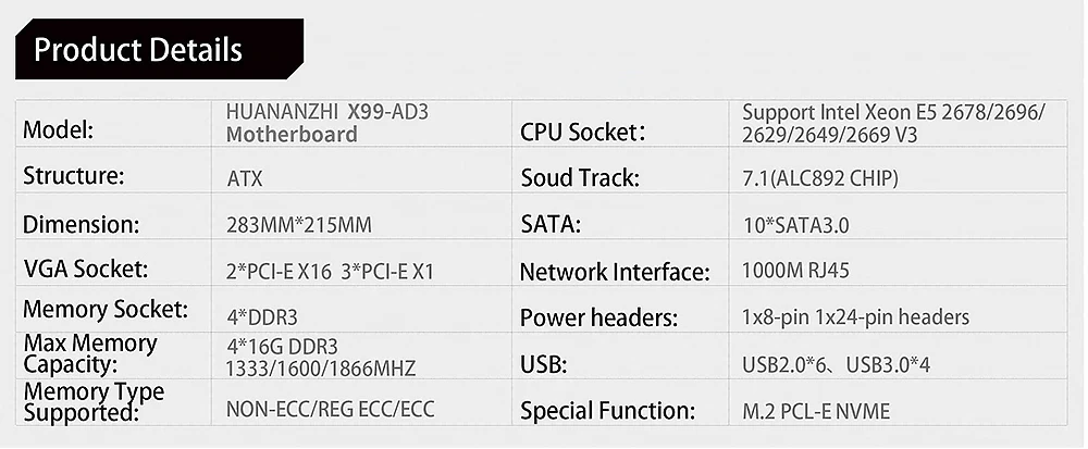 Игровая материнская плата huanan Zhi X99-AD3 для Intel X99 LGA 2011-3 DDR3 64 Гб M.2 PCI-E NVME ATX LGA2011-3