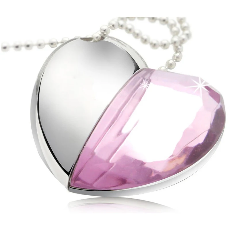 

Pink and Silver 8GB U Heart Shaped Disk Memory Crystal USB 2.0 Flash Drive with Pendant Necklace