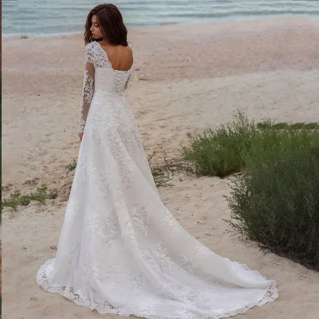 Vestios De Novia Lace Up A-line Wedding Gowns V-neck Appliques Long Sleeves Garden Elegant Bridal Dresses with See hrough Back 2