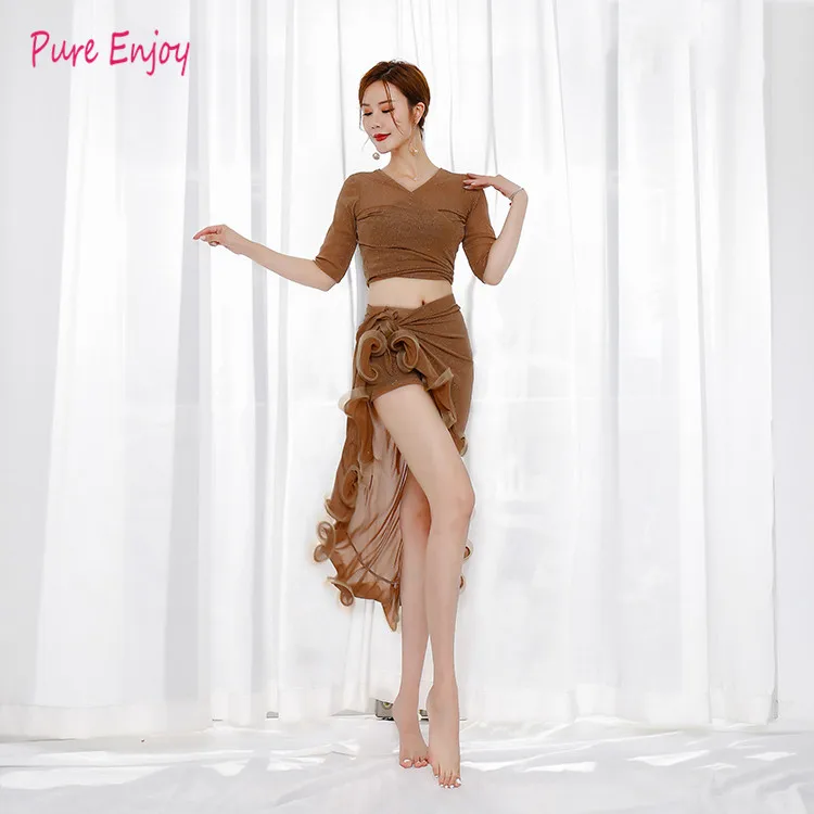 Belly dance new short skirt strap adjustable hip scarf skirt performance suit female belly dance practice clothes suit set - Цвет: Khaki