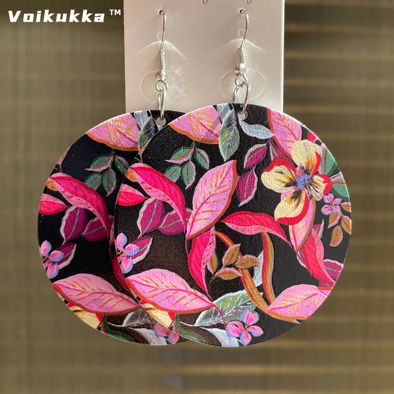 Voikukka Jewelry Hot Sale 6 CM Circle Both Sides Printing A Painted Floral Pattern Wooden Drop Dangle Women Earrings For Gifts