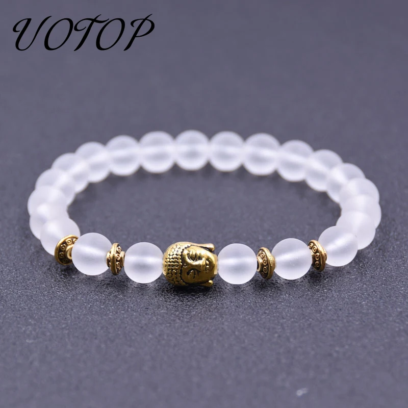 

UOTOP 2019 Luxury Handmade White Black Buddha head Bracelet Natural Stone Frosted Crystal Onxy Beads Bracelets Hinduism Jewely