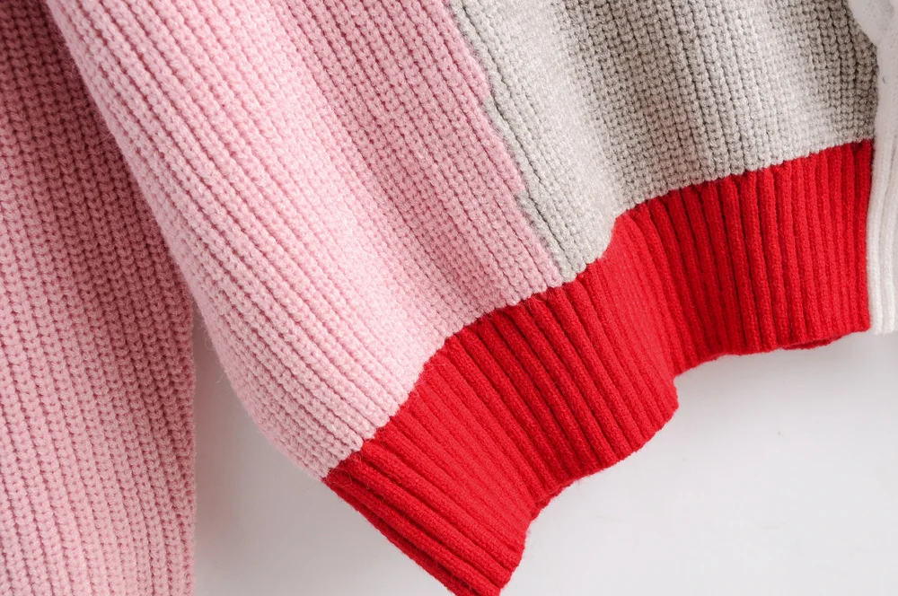 Fashion Za Women Sweater Winter Patchwork V-Neck Casual Long Sleeve Loose Knit Pullovers Sweaters Jumper Ladies Tops